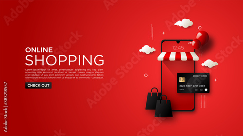 Online shopping background, with black card illustration and elegant red mobile phone.
 photo