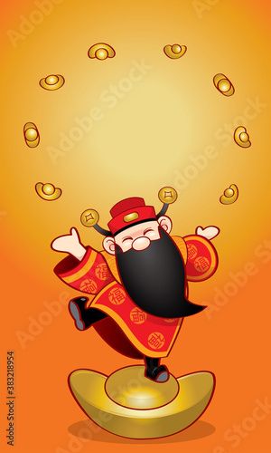 Chinese wealth god with Chinese New Year's elements background. 