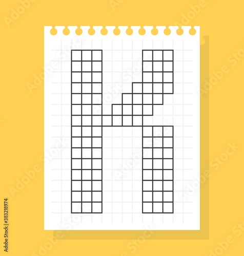 K letter on notepad sheet of squared paper, made of squares. Vector illustration