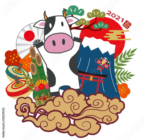 年賀状　2021年　丑イラスト
