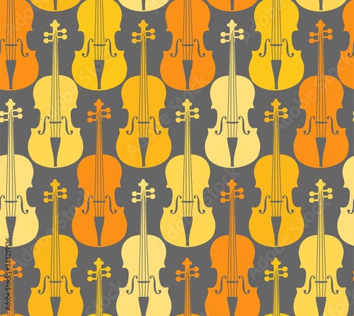 Yellow violins, seamless pattern. Yellow and orange violins on a gray field. Color, flat decor. Vector.  