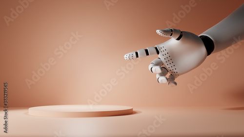 Robotic hand points to empty podium or stand. Pastel background © cherezoff