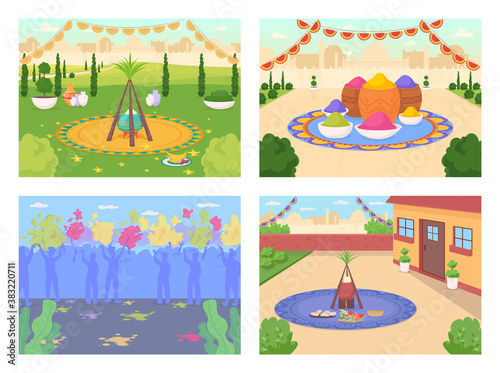 Indian festival celebration flat color vector illustration set. Lohri celebratory feast. Crowd of people on Holi party. India 2D cartoon cityscape with skyline on background collection