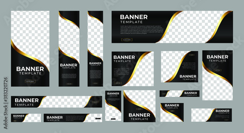 Set of Creative Web Banners of Standard Size with a Place for Photos. Golden Ad Banners. Vertical, Horizontal and Square Template. Vector Illustration EPS 10
