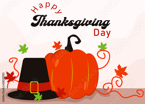 Thanksgiving vector concept: Words of happy thanksgiving day with orange pumpkin and hat on the background