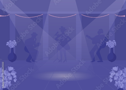 Dancefloor flat color vector illustration. Nightlife entertainment. Party night. Spotlight on dance floor. Wedding night celebration. Nightclub 2D cartoon interior with musical band on background