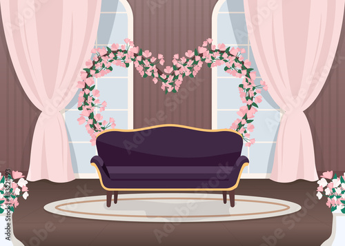 Elegant wedding photozone flat color vector illustration. Elegant couch. Luxurious sofa. Floral arch in heart shape. Romantic photo zone. Event hall 2D cartoon landscape with sea on background