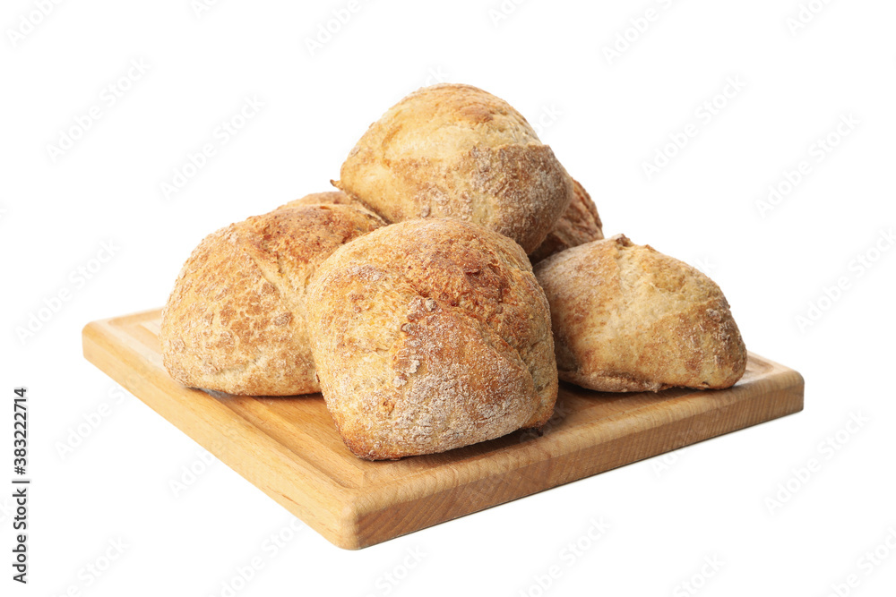 Board with fresh baked buns isolated on white background