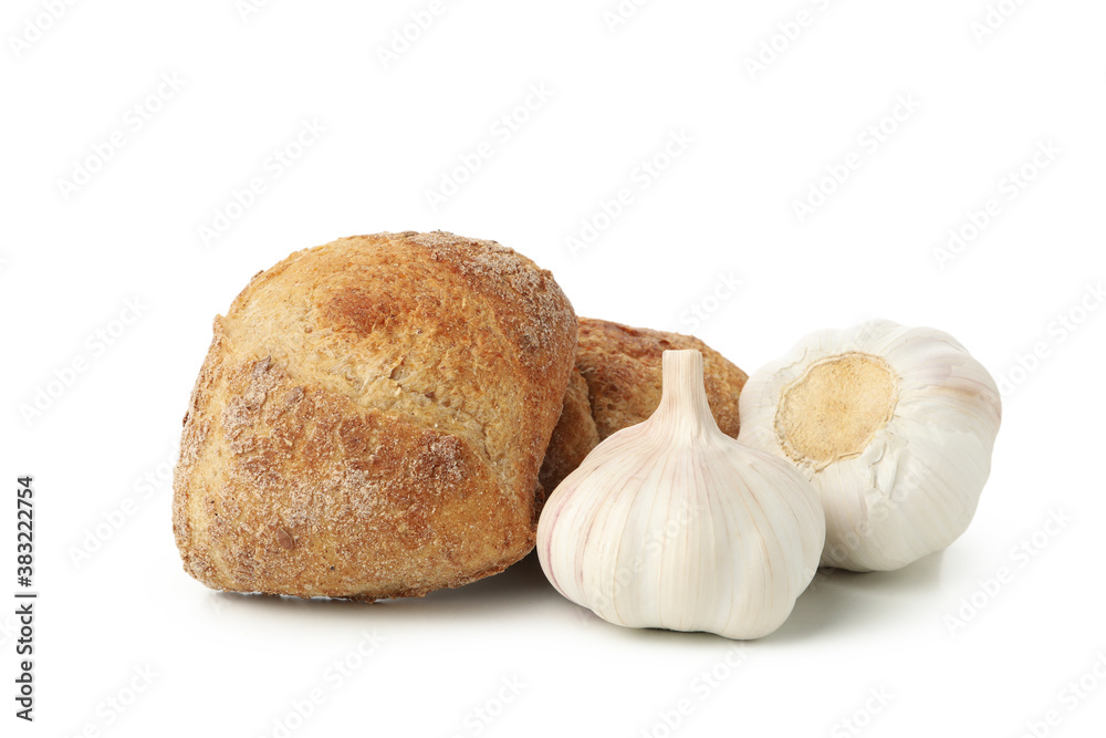 Buns and garlic isolated on white background Buns and garlic isolated on white background