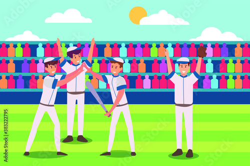 Baseball vector concept: Player team doing celebration together while standing in the stadium 