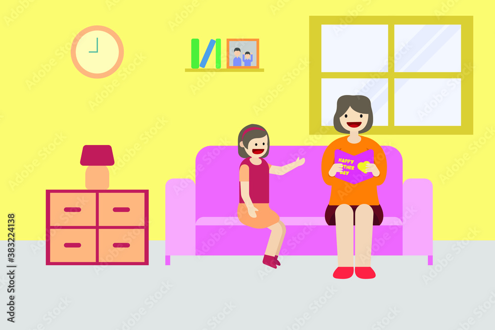 Mother's Day vector concept: Girl giving a mother's day greeting card for her mother at home
