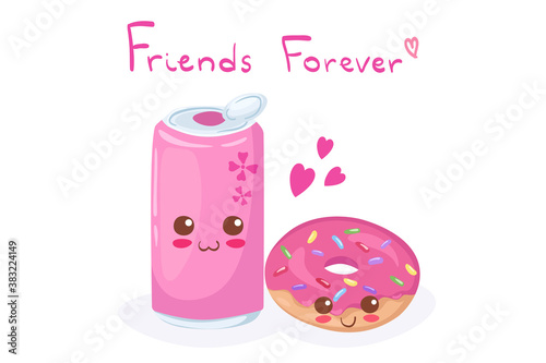 Pink soda with glazed sweet donut. Vector kawaii drink illustration in cute cartoon style isolated on white background. Funny fast-food dessert mascot. Cute kids illustration. Menu design concept.