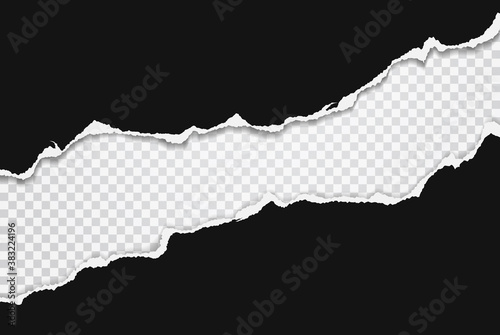 Torn of black paper strips, pieces are on squared, transparent background for text, advertising or design. Vector illustration
