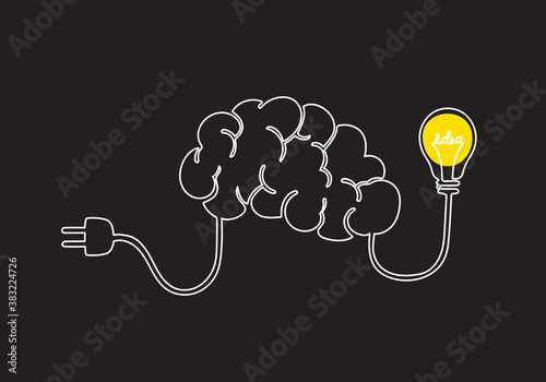 Continuous line vector illustration of Brain and plug with light bulb on black background, Icon or Emblem trendy linear style. 