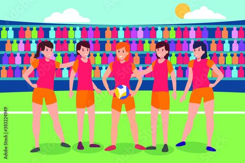 Volleyball vector concept: Group of female volleyball team players posing together in the stadium