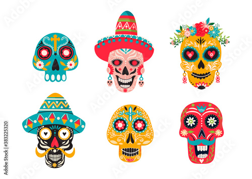 Set of various mexican skulls with ornaments. Dia de Los Muertos or Day of the Dead composition. Traditional Mexican Halloween decoration. Vector illustration on white background.
