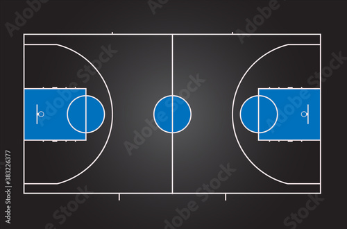 Basketball court. Black background with blue details. Multicolor vector illustration. View from above.