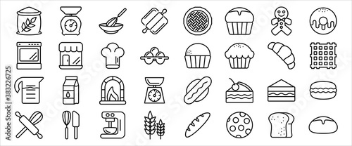 Simple Set of bakery kitchen cooking Related Vector icon graphic design template. Contains such Icons as baking, bread, pudding, kitchen weight scale, and pizza