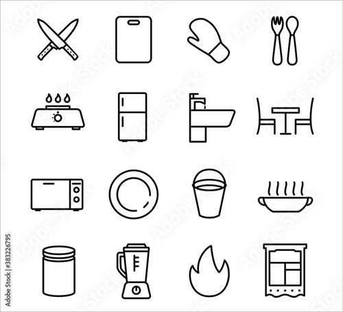 Simple Set of kitchen and cooking equipment Related Vector icon graphic design. Contains such Icons as knife, chopping board, gloves, refrigerator, blender, oven, pan, cooker, fork and spoon