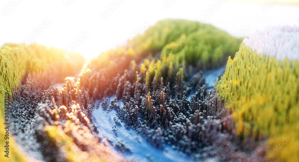 Abstract colorful background. Digital nature art of with green mountains and blue lake. Abstract 3d topographic nature landscape. 3D Rendering