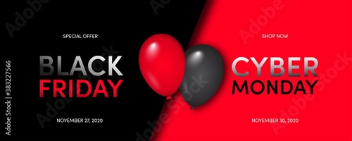 Black Friday Sale. Black Friday Super Sale. Cyber Monday. Black background. Balloons. Super Sale. Limited time offer. Vector illustration.