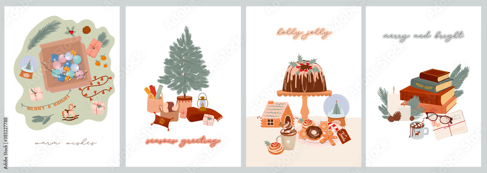 Merry Christmas or Happy New Year cute cards set with holidays winter elements in scandinavian style. Cute hygge elements. Editable Vector illustration