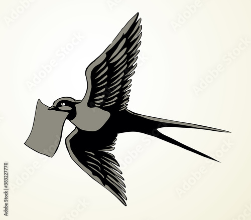 Swallow with paper card. Vector drawing