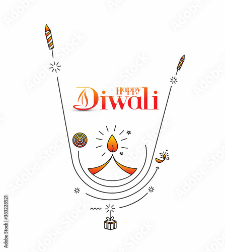 Happy Diwali text with Rocket firecrackers design. Poster Banner Vector illustration.