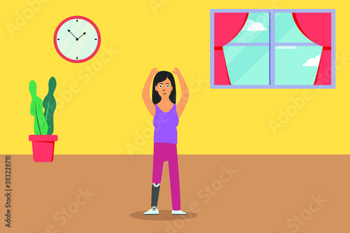 Disability vector concept: Disabled woman with artificial leg doing yoga while standing at home