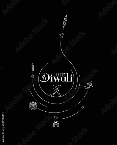 Happy Diwali text with Rocket firecrackers design. Poster Banner Vector illustration.
