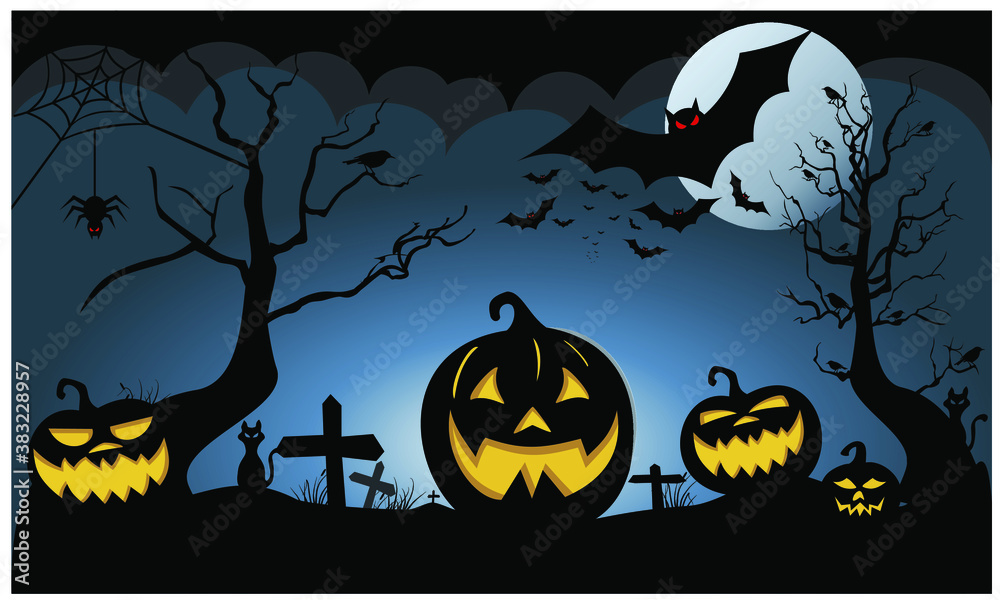 Halloween celebration pumpkin ghost bat crow and black cat halloween vector illustration