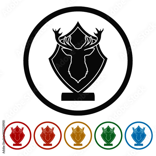 Deer head on wooden board ring icon, color set