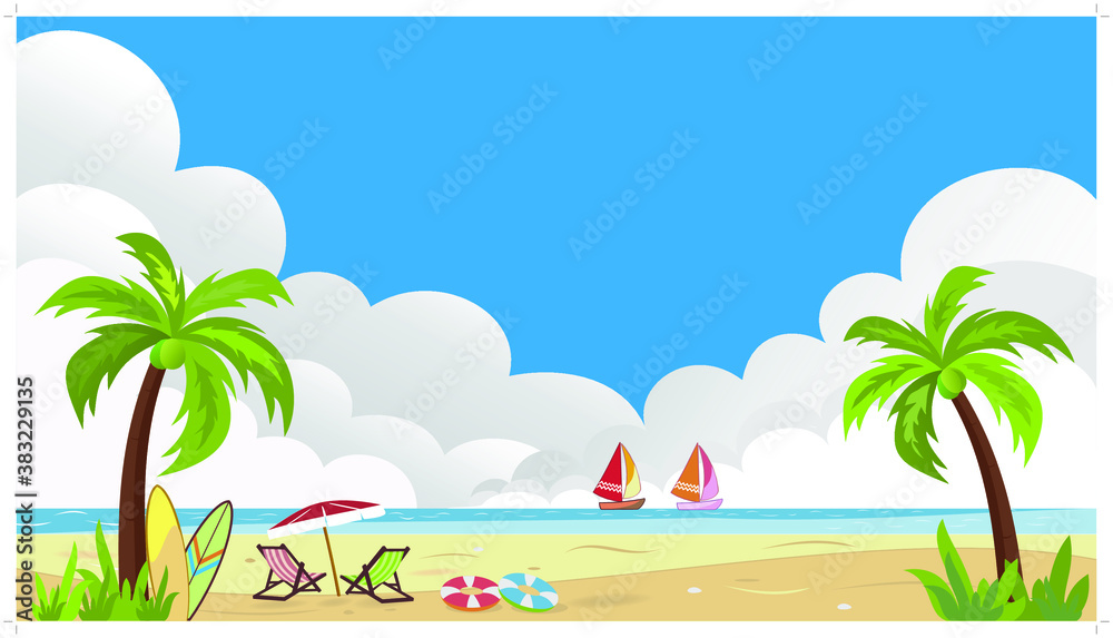 Beach sea vector illustration and has a sailboat with an umbrella and a beach hammock bright sky