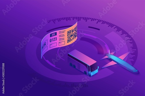 Airline or bus tickets with qr code, modern technology for label scanning, boarding pass for airplane, 3d isometric vector illustration