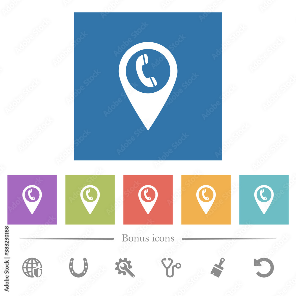 Call box GPS map location flat white icons in square backgrounds Call box GPS map location flat white icons in square backgrounds