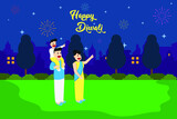 Happy Diwali vector concept: Happy Indian family watching fireworks together while Diwali night celebration