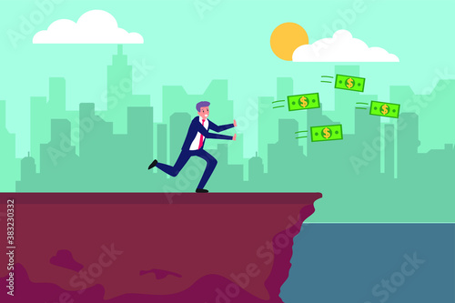 Chasing money vector concept: Old businessman chasing money toward the gap