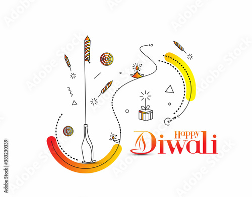 Happy Diwali text with Rocket firecrackers design. Poster Banner Vector illustration.