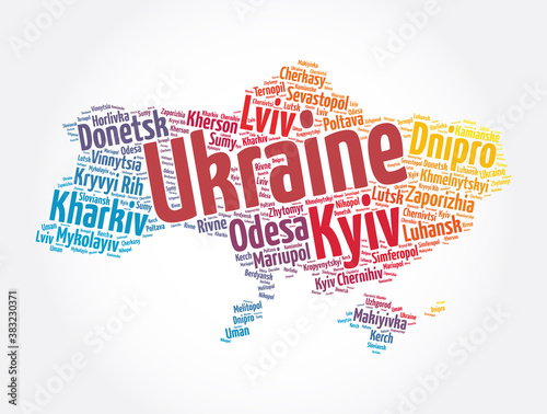 List of cities and towns in Ukraine, map word cloud collage, business and travel concept background