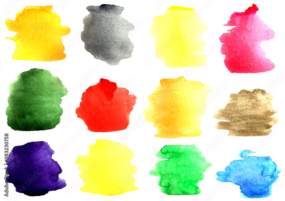 Set of colorful watercolor stains. Hand drawing spots.