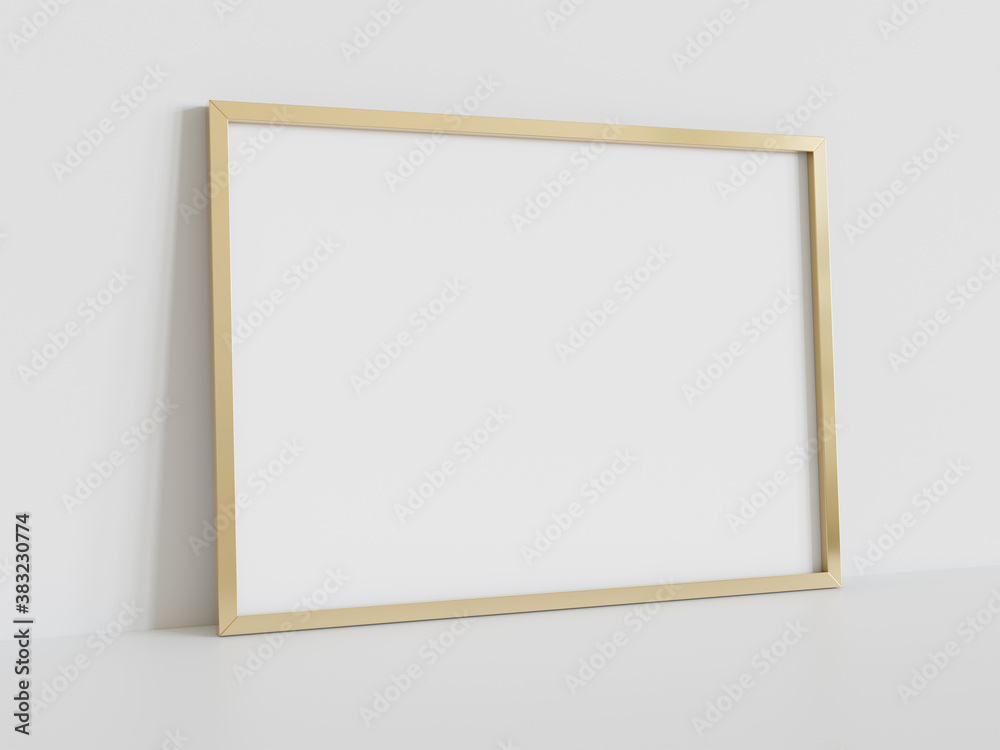 Golden frame leaning on white floor in interior mockup. Template of a picture framed on a wall 3D rendering Golden frame leaning on white floor in interior mockup. Template of a picture framed on a wall 3D rendering