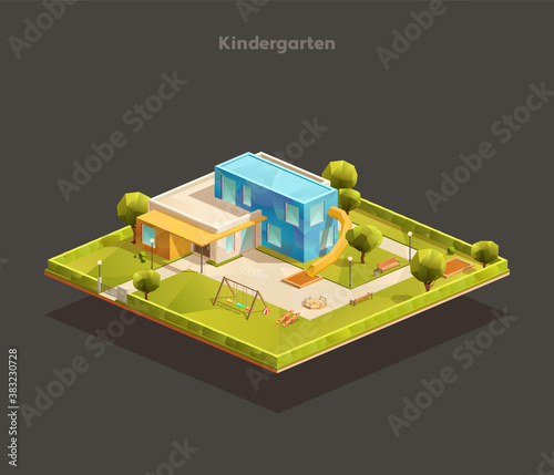 Isometric Modern Kindergarten with playground