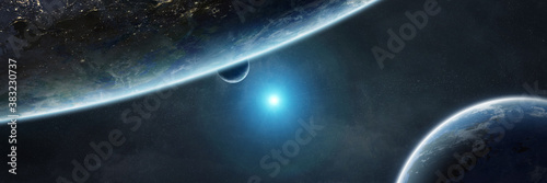 Panoramic space planets background. Panorama of distant solar system with exoplanets 3D rendering elements of this image furnished by NASA © sdecoret