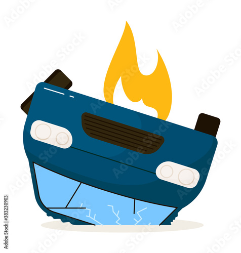 Car flipped. Vector car turned over lying on roof with burning fire flame after road accident. Insurance breakdown situation isolated on white background illustration