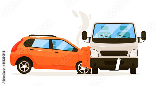 Traffic collision. Car bumped into shipping van truck isolated on white background. Traffic collision with automobile injury after impact with transport vector illustration