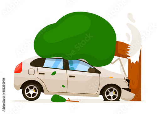 Car hit tree. Isolated vector car hit tree with bumper due to speed drive. Frontal hood damage road accident risk insurance illustration on white background