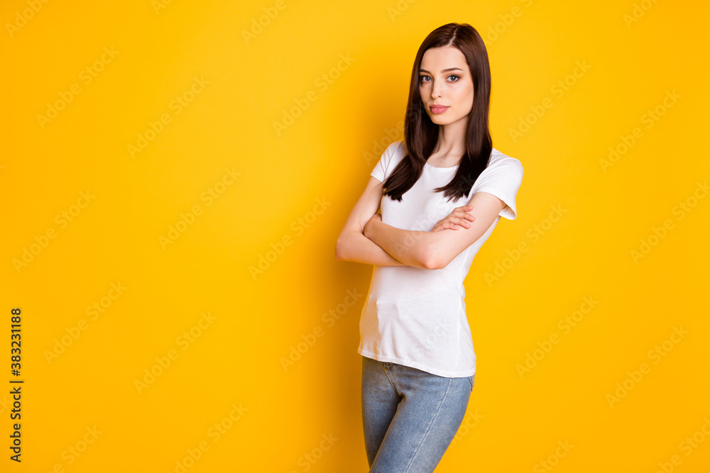 Photo of stunning executive girl cross hands ready decide decision choose choice solution wear casual style clothes isolated over bright vivid color background Photo of stunning executive girl cross hands ready decide decision choose choice solution wear casual style clothes isolated over bright vivid color background