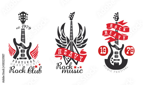Rock Club Logo Templates Set, Heavy Rock Music Festival Retro Labels Vector Illustration