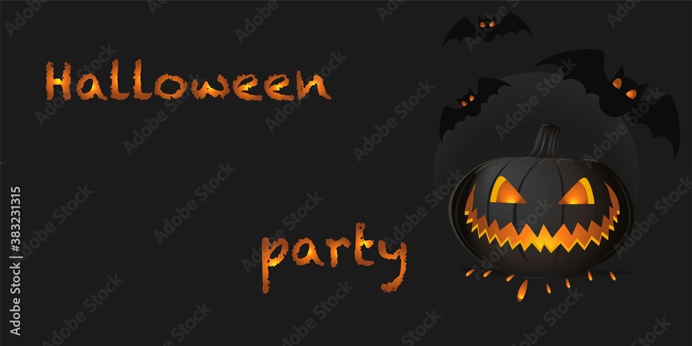 Happy Halloween banner. Festive background with realistic 3d black pumpkins with cut scary smile and flying bats. Horizontal holiday poster, header for website. Happy Halloween banner. Festive background with realistic 3d black pumpkins with cut scary smile and flying bats. Horizontal holiday poster, header for website.