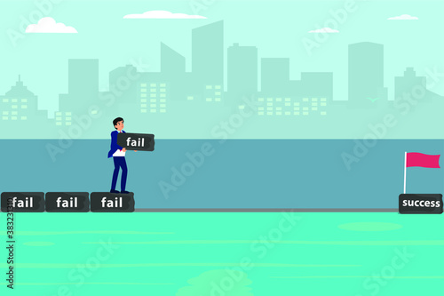 Success and failure vector concept: Businessman arrange his fail to be the way toward success flag on the sea
